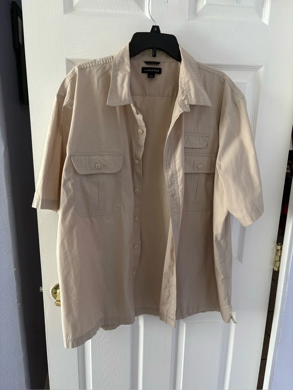 Lands' End Men's Short-Sleeve Shirt Jacket in Light Beige